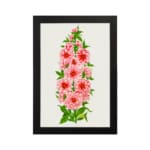 Vintage botanical wall art of pink flowers with red centers and green leaves on a soft off-white background. hung on the wall