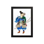 Vintage wall art of a Japanese warrior in colorful armor holding a bow with arrows, set against a white background with a black border. hung on the wall