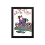 Vintage wall art of a Japanese woman in a purple kimono beneath cherry blossoms. hung on the wall