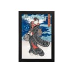 Japanese woman in black kimono with red accents, bold blue sky and red vertical banner in vintage art style. hung on the wall