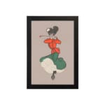 Vintage wall art of a dancing woman in red top and green dress with a beige background, inspired by classic early 1900s poster style. hung on the wall