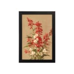 Vintage botanical wall art with red and white flowers and green leaves on a tan background. hung on the wall