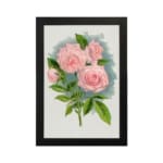 Infidu vintage wall art featuring pink roses with green leaves and a soft blue watercolor background. hung on the wall