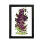 Vintage floral wall art with purple blossoms, yellow centers, and green leaves on a white background. hung on the wall
