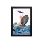 Vintage wall art of a woman riding a seashell over bold ocean waves with red and blue cloth, in a dramatic and whimsical seaside scene. hung on the wall
