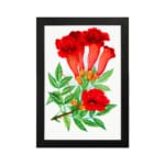 Infidu vintage wall art featuring red trumpet flowers with green leaves on a white background. hung on the wall
