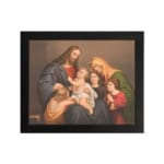 Vintage wall art of Jesus, Mary, and children in a peaceful religious family scene with warm tones and classic style. hung on the wall