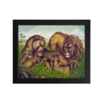 Vintage wall art of a lion family relaxing in a grassy field with earthy tones and a calm, natural background. hung on the wall