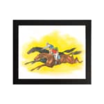 Vintage horse racing wall art with two galloping horses and jockeys on a bold yellow background. hung on the wall