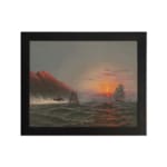 Vintage wall art showing a dramatic ocean sunset with tall waves, sailing ships, glowing cliffs, and a cloudy sky. hung on the wall
