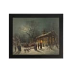 Vintage wall art of a snowy winter night with a horse-drawn sleigh, glowing lights, and people walking in front of a lit church. hung on the wall
