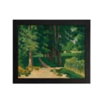 Vintage wall art of a forest path with tall green trees and earthy tones by Infidu. hung on the wall