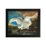 Vintage wall art of a bold white swan with wings open against a vivid sunset background. hung on the wall