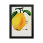 Vintage wall art of a yellow pear with a sliced half, green leaves, and a white background in a botanical illustration style. hung on the wall