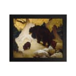Vintage wall art of mother bear and cubs walking through snowy forest in warm earthy tones. hung on the wall
