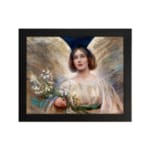 Infidu Serene Angelic Woman vintage wall art print showing a peaceful woman in a white gown with flowers and glowing background. hung on the wall