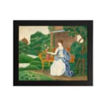 Vintage wall art of a woman in a white dress with flowers, set in a peaceful countryside scene with trees and a distant structure. hung on the wall