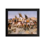 Vintage wall art of Native American tipi scene with horses, people, and earthy tones in a peaceful open landscape. hung on the wall
