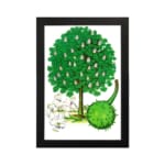 Vintage botanical illustration of a green tree with white blossoms and a spiky fruit on a white background. hung on the wall