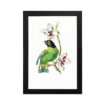 A green bird perched on a branch with white flowers, set on a white background and framed in black. hung on the wall