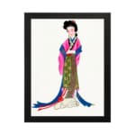 Vintage art of a graceful woman in colorful traditional clothing with flowing ribbons. hung on the wall