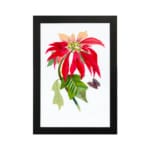 Vintage wall art print of a red flower with peach petals, green leaves, and a black and purple butterfly on a white background. hung on the wall