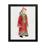Vintage wall art of a historical figure in a red robe with intricate patterns and colorful headgear on an off-white background. hung on the wall