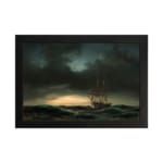 Vintage wall art of a sailing ship on a stormy sea with dark waves and a dramatic, cloudy sky. hung on the wall