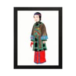 Vintage wall art of a cultural figure wearing a brown robe with green and blue details, red pants, and a plain white background. hung on the wall