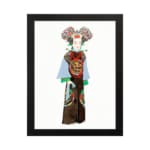 Vintage wall art of a person in traditional clothing with colorful robe and detailed headpiece, framed in black. hung on the wall