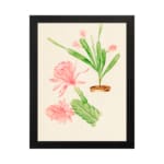 Vintage wall art with pink flowers and green cactus stems in a brown pot, set against a beige background with a clean black frame. hung on the wall