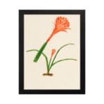 Infidu Elegant Orange Flower Vintage Wall Art featuring a vibrant orange flower with green leaves, framed in black. hung on the wall
