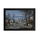 Vintage wall art showing a lively winter village scene with people skating, snowy houses, bare trees, and a soft blue sky. hung on the wall