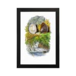 Vintage wall art showing two detailed seashells with seaweed on a white background, framed in black for a coastal nature-inspired look. hung on the wall