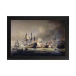 Vintage naval battle wall art showing ships in combat on stormy seas with dramatic smoke and cannon fire. hung on the wall