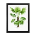Infidu vintage wall art featuring a small palm tree with green fan-shaped leaves and a textured brown trunk. hung on the wall