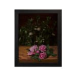 Infidu vintage wall art featuring delicate pink roses with lush green leaves on a rustic wooden background. hung on the wall on a white background