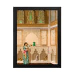 Vintage wall art of a royal Mughal room with a woman in colorful attire holding a vase, detailed with arches, patterns, and classic hues. hung on the wall