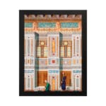 Vintage architectural wall art with two traditional figures, colorful tile patterns, and detailed building elements in black frame. hung on the wall