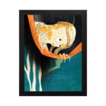 Vintage Japanese shrimp illustration on teal background with orange branch and black frame hung on the wall