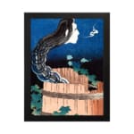 Vintage wall art of a ghostly face with long black hair emerging from a wooden barrel, with a dramatic night sky background. hung on the wall