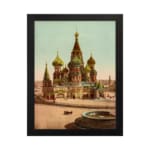 Vintage art print of Saint Basil’s Cathedral with colorful domes, a horse-drawn carriage, and a black frame hung on the wall
