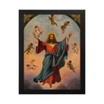 Vintage wall art of Jesus Christ ascending with angels in a soft sky, framed in black with golden accents. hung on the wall