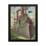 Vintage battleship with American flags sailing through choppy waters, framed in black. hung on the wall