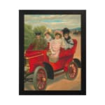Vintage wall art of red antique car with four people in early 20th-century clothing, riding through the countryside. hung on the wall
