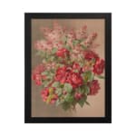 Vintage wall art of red roses and pink flowers with green leaves on a beige background, framed in black. hung on the wall