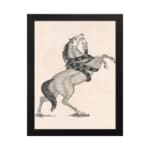 Black-and-white vintage sketch of a horse rearing with a snake wrapped around its body, framed in black. hung on the wall