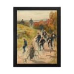 Vintage wall art of people cycling through the countryside with autumn trees and a blue sky, framed in black. hung on the wall