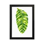 Bright green leaf with light and dark tones on white background in a black frame – vintage wall art by Infidu. hung on the wall