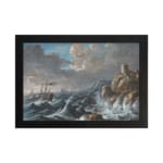 Vintage wall art of a dramatic ocean storm with waves, rocky cliffs, and a stone tower. hung on the wall